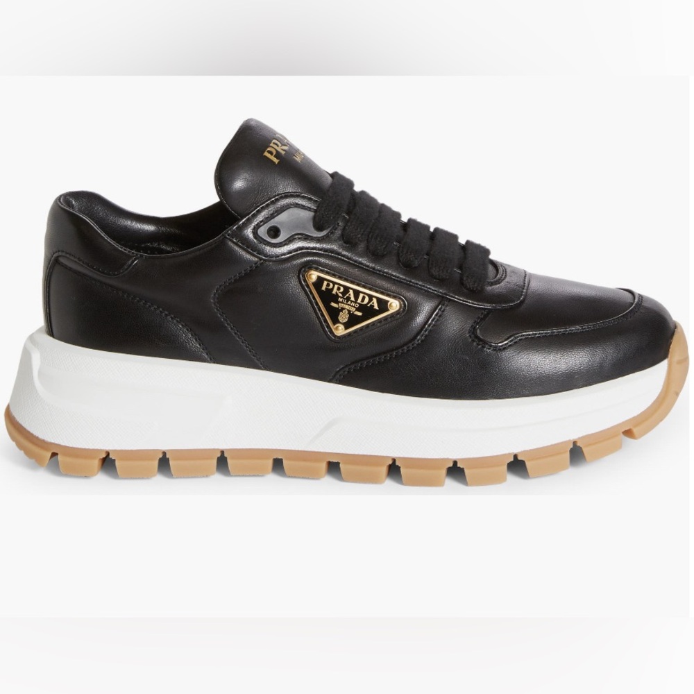 New Prada Black Leather Triangle Logo Lace-Up Sneakers Size 40 (US 10)